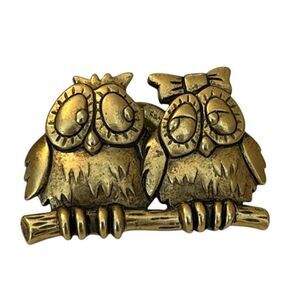 Vintage JJ Owl Love Birds Lapel or Tie Pin Gold or Brass Tone Small Brooch